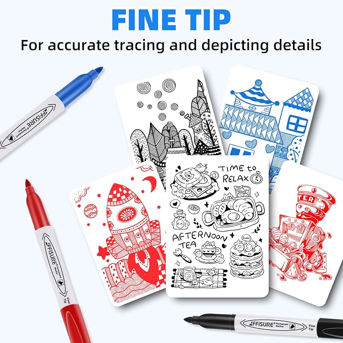 Permanent Markers, Black, Blue, Red, 15 Pack, Fine Point，Assorted Colors Set, Works on Wood, Plastic, Metal, and More, for Adults, Artist, Teacher, Kids