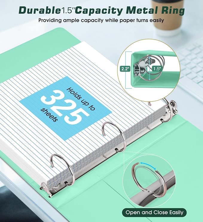 3 Ring Binder 1.5 inch，Cute Binder Organizer with 5 Tab Dividers Fits 175 Sheets of 8.5x11 Paper, Customizable Clear Cover with Inside Pockets,Aesthetic 1.5" Three Ring Binders for School Office,Green