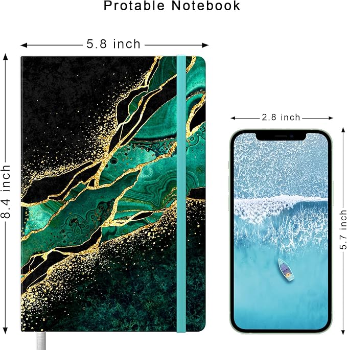Lined Journal Notebook, Hardcover, Medium 5.7 x 8.4 in, 160 Pages Thick Paper, Cute Aesthetic A5 College Ruled Notebook for Journaling Writing Work Office School Women Men, Green Gold Marble