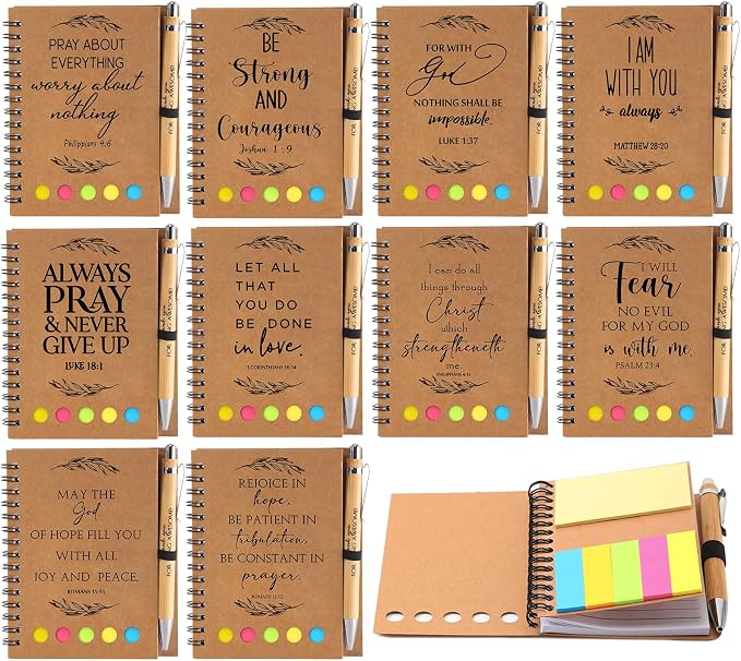 Kosiz 20 Pcs/ 10 Set Christian Gift Bulk Bible Verse Bamboo Pen Spiral Bible Notebook with Notes Religious Basket Stuffers for Back to School Teacher Church Members Coworker (Kraft)
