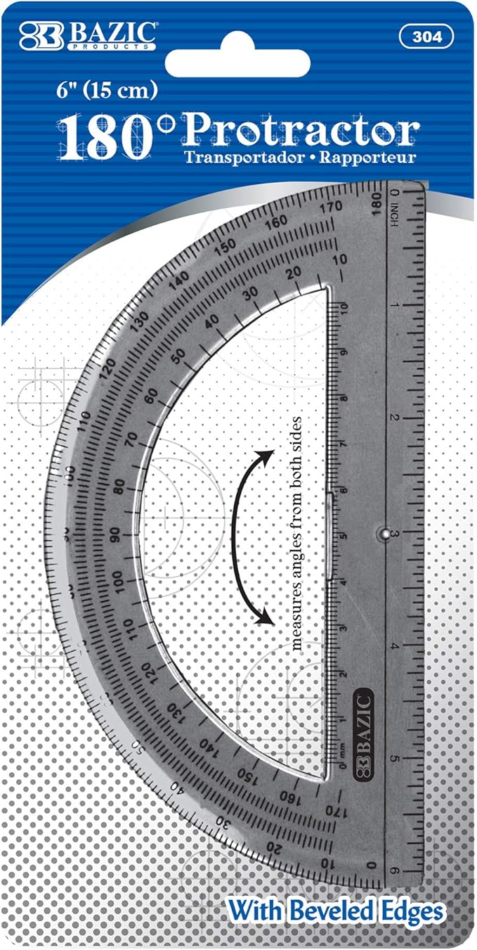 BAZIC Protractor Semicircular 6 Inch 180 Degrees, Plastic Math Protractors, Geometry Measuring Rulers Set, Clear Ruler for Students, 1-Pack | clear semicircular protractor; 6 in and 180 degrees; measures and draws angles for geometry and math