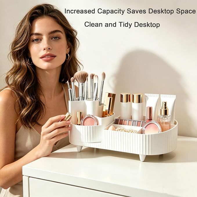 360 Rotating Makeup Organizer for Vanity Large Capacity Cosmetic Organizers with Makeup Brush Holder,Bathroom Counter Organizer and Vanity Organizer,Includes Collapsible Makeup Brush Cleaning Bowl