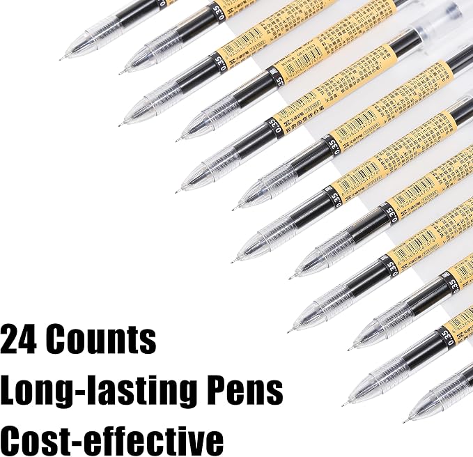 Japanese Style Black Gel Ink Pens, 0.35mm Extra Fine Point, No Smudge Quick Drying, Japanese Ink Pen for Journal Planners, Thin Notebook Paper, Office School Supplies, 24 Pack, Writing Drawing