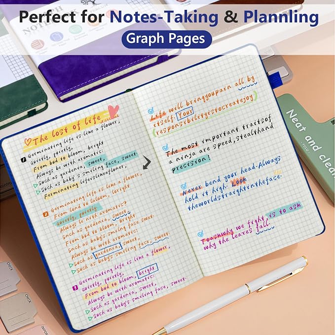 PERCUN A5 Graph Paper Notebook, Leather Journal, 160 Pages Grid Notebook | 5.9"x8.5" hardcover journal with quad ruled paper for work, school, writing, notes, journaling and daily planning.