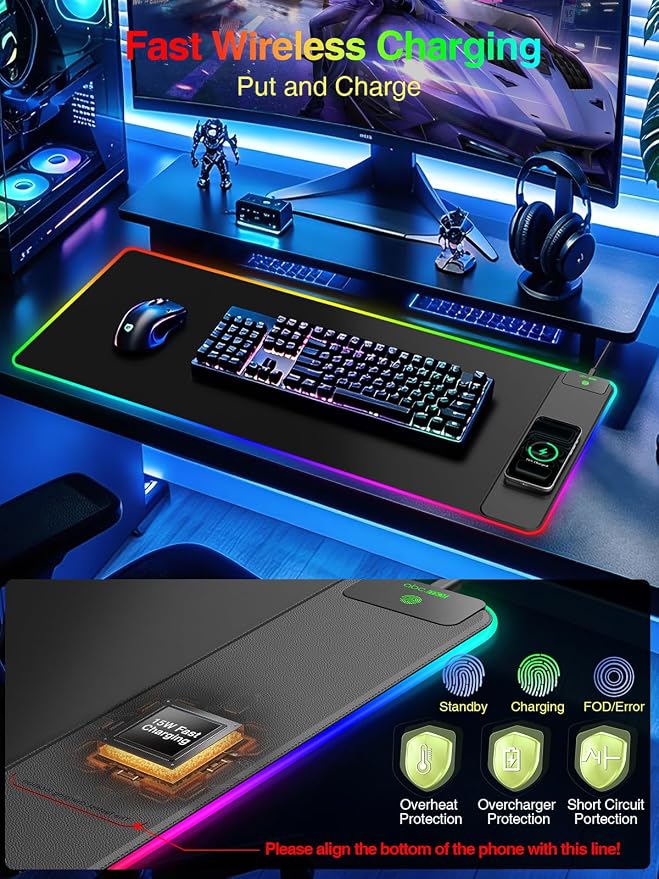 Wireless Charging Mouse Pad Gaming, 31.5"x15.8" Large Desk Mat, Waterproof | RGB Mousepad, Smooth Glide, Stitched Edge, Non-Slip Rubber Base, Desk Pad Computer Keyboard Mat, No Adapter