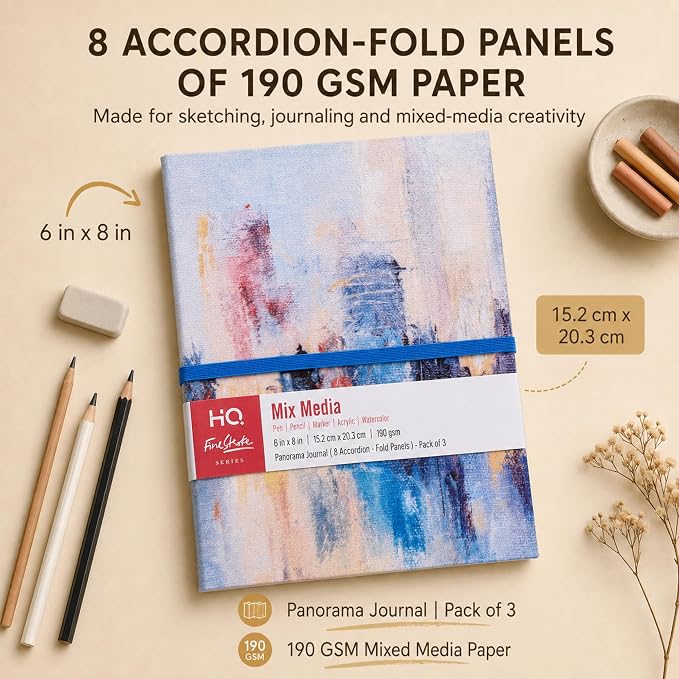 HQ Finestroke Panorama Mixed Media Journal, Zig Zag Fold Sketchbook, 6 x 8 Inches, Accordion Art Book, Canvas Cover, Pack of 3