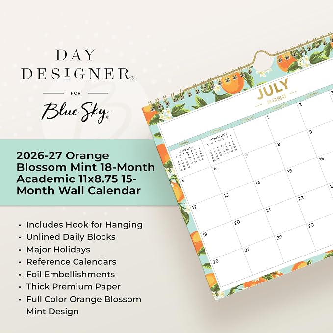 Blue Sky 2026-2027 Monthly Academic Wall Calendar, 11"x8.75" Orange Blossom | July 2026 - December 2027, Durable Twin Wire Binding, Colorful Interior, For Home, Office And Classroom, Day Designer