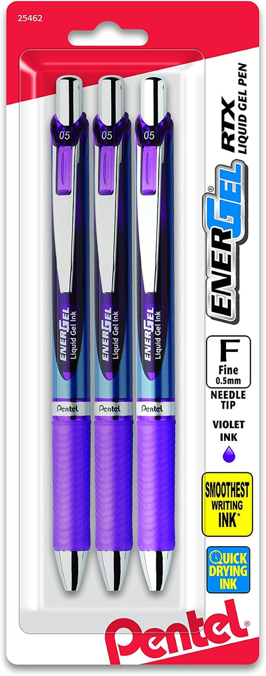Pentel EnerGel RTX Retractable Liquid Gel Pen (0.5mm), Fine Line, Needle Tip, Violet Ink, Pack of 3 (BLN75BP3V)