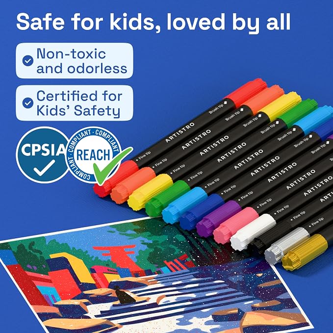 ARTISTRO 12 Acrylic Paint Markers - Paint Pens for Drawing - For Fabric, Rock, Glass, Wood, Molds - Arts & Crafts Gift for Adults, Teens, Kids, Classroom Must Haves & School Supplies