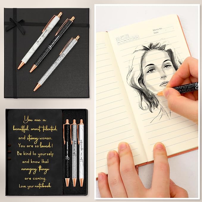 Resurhang 5 Pcs Inspirational Journal for Women Employee Appreciation Gift A6 Leather Journal Glitter Ballpoint Pen with Box for Back to School Teacher Coworker Female Secretary Nurse(Black)