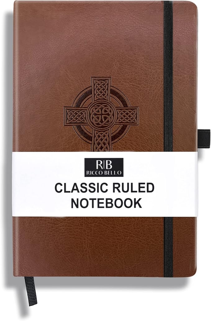 RICCO BELLO Lined Journal Notebook, Celtic Cross | Faux Leather Hardcover, With Pen Holder, 96 Sheets/192 Pages, College Ruled, 5.7 x 8.4 Inches