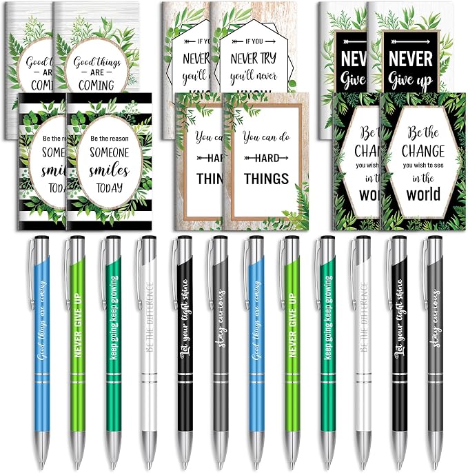 Geyee 24 Pcs Mini Motivational Pens Inspirational Notepads Bulk Appreciation Gifts Small Journals Funny Ballpoint Pen Set Prizes Men Women Office Travel Party Favors(Eucalytus)