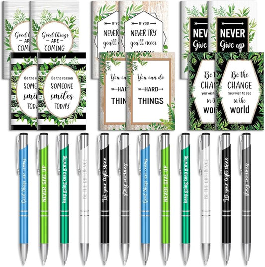 Geyee 24 Pcs Mini Motivational Pens Inspirational Notepads Bulk Appreciation Gifts Small Journals Funny Ballpoint Pen Set Prizes Men Women Office Travel Party Favors(Eucalytus)