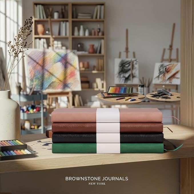 BROWNSTONE JOURNALS A5 Sketch Book Hardcover - 80 Sheets 100 GSM Paper 5"x8", Lay Flat, Vegan Leather Cover, Elastic Band, Back Pocket, Art Drawing Book (Charcoal Black)