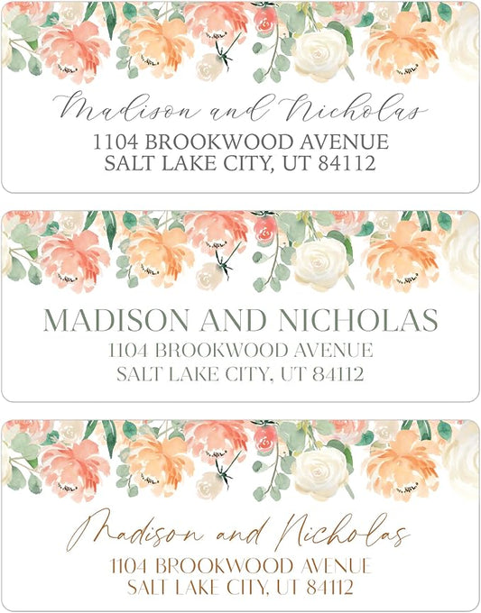 Return Address Labels Personalized with Your Choice of 30 Flower Styles - Choose Font and Font Color or Add Custom Text - Perfect for Wedding Envelopes (026 Peach Flowers)