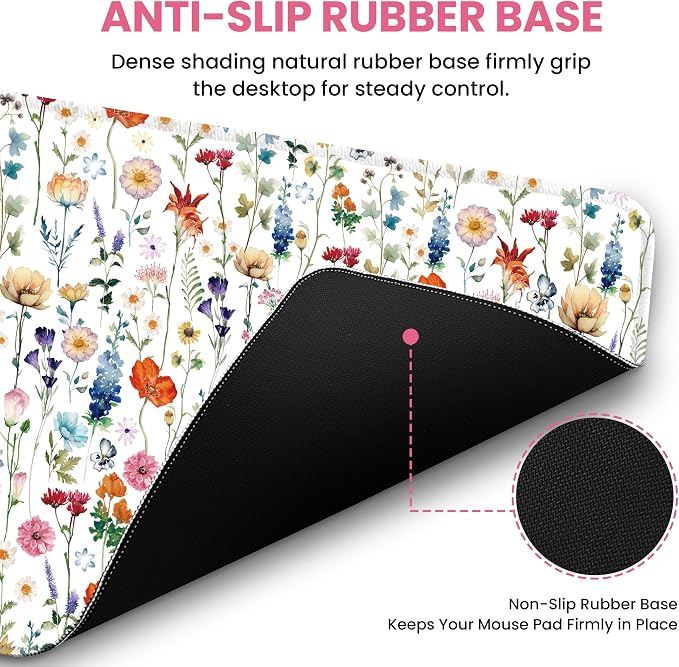 Large Mouse Pad for Desktop, Cute Desk Mat Pad Protector for Work & Gaming, Aesthetic Pretty Anti-Slip Laptop Blotter Cover for Office School Home Supplies, Wildflowers, 35.4" x 15.7"