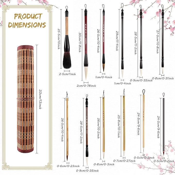 12 Pieces Chinese Calligraphy Brush Set with Sumi Watercolor | Roll-Up Bamboo Holder, Japanese Kanji Writing, Ink Painting, Goat Hair Tips, Beginner Artist Kit