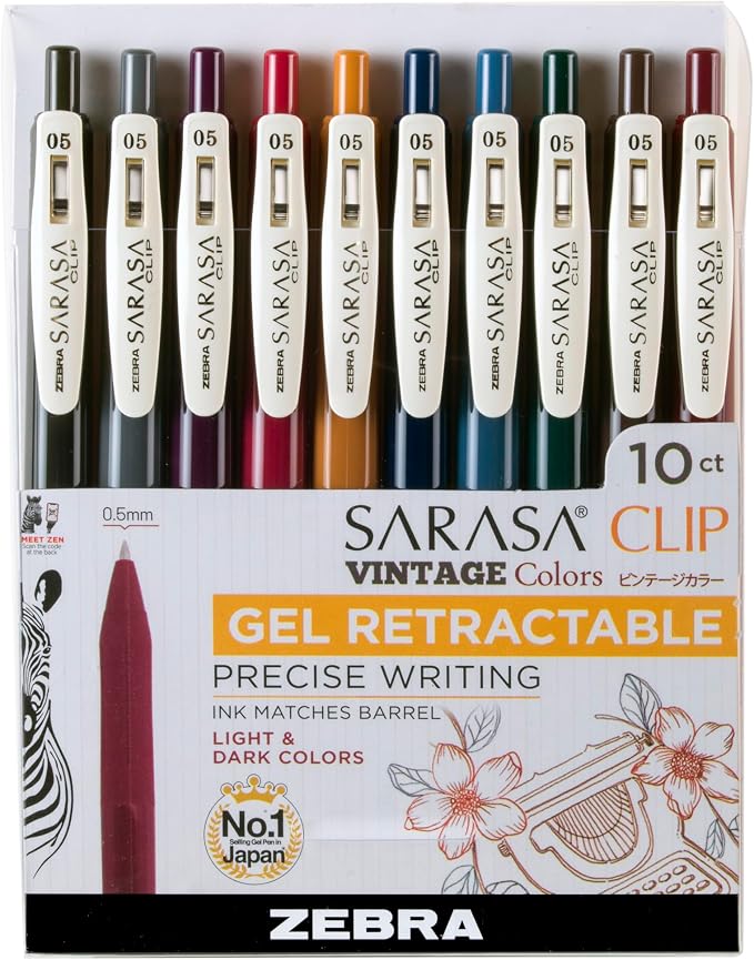 Zebra Pen SARASA Clip Retractable Gel Pen, Assorted Vintage Ink, 10-Pk | Fine 0.5mm Point Tip, Water Based Ink, Ideal for Planners, School and Office Supplies, Journaling and Note-Taking (47510)