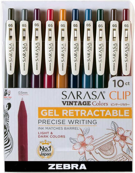 Zebra Pen SARASA Clip Retractable Gel Pen, Assorted Vintage Ink, 10-Pk | Fine 0.5mm Point Tip, Water Based Ink, Ideal for Planners, School and Office Supplies, Journaling and Note-Taking (47510)