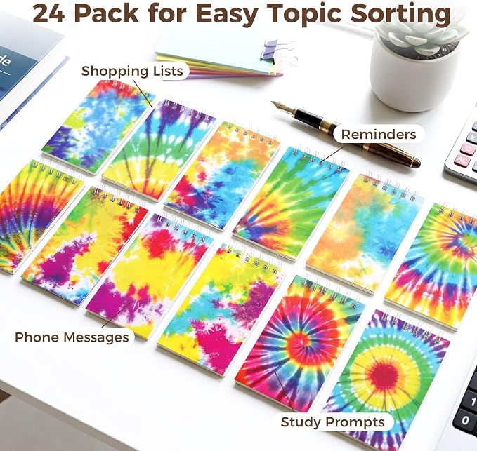 Koogel 24PCS Small Spiral Notebook, Blank Mini Pocket Journal Notebook for Kids Back to School, Tie Dye Style Journal Mini Memo Pads for Tie Dye Birthday Pastel Art Party Favors Gift Supplies