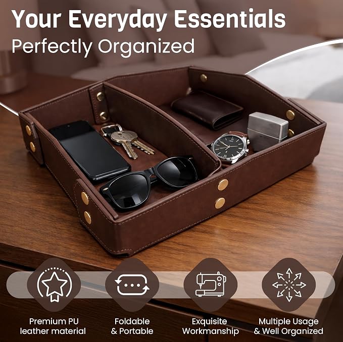 Valet Tray Organizer for Men & Women - PU Leather Catch All Tray with Removable Divider - EDC Storage for Keys, Watch, Phone - Nightstand, Dresser & Desk Organizer - Midnight Espresso