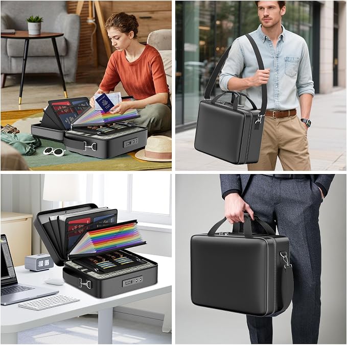 ENGPOW Fireproof Document Box with Lock & 13 Pockets Accordion File Folder | Hard Case File Organizer Home Safe Box with Multi Pockets,Protects Important Documents,Certificates,Laptop,Passports,Black