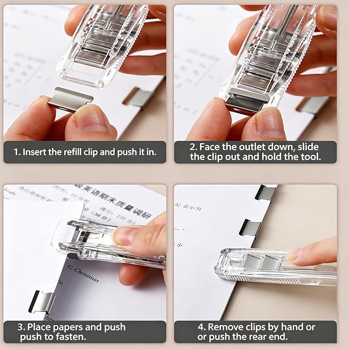 2 Pcs Portable Binder Clip Stapler, Handheld Paper Clam Clip Dispenser | Push Clips for Paper with 100 Refill Clips, Mini Handheld Push Stapler Clamps for Fixing Documents, School, Office
