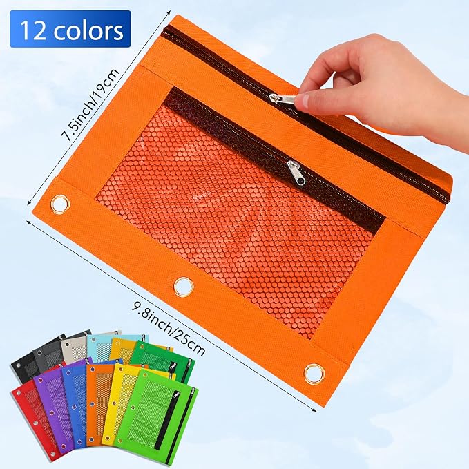 Leelosp 48 Pack Pencil Pouch for 3 Ring Binder Mesh Zipper Pencil Case Bags Binder Pouches Bulk for School Writing Utensils Storage Supplies (Multi-color)