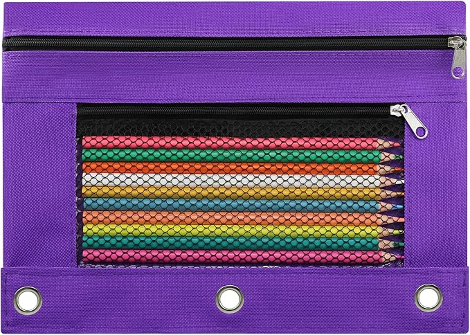 Pencil Pouch for 3 Ring Binder, Pencil Case Bag with Zipper, 600D Fabric Pencil Pouch Holder Accessories, Clear Window Pencil Case Aesthetic Back to School Organizer Pockets for Boy Girl (Purple)
