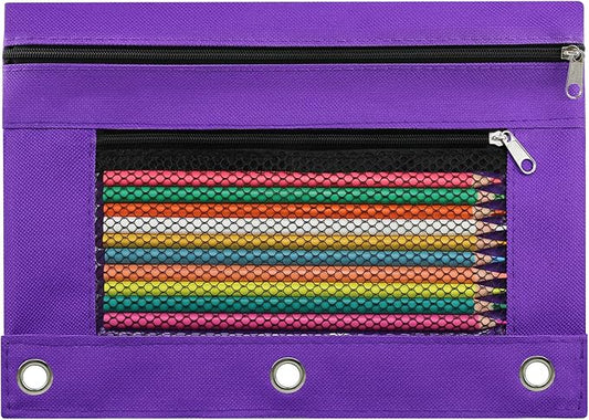 Pencil Pouch for 3 Ring Binder, Pencil Case Bag with Zipper, 600D Fabric Pencil Pouch Holder Accessories, Clear Window Pencil Case Aesthetic Back to School Organizer Pockets for Boy Girl (Purple)