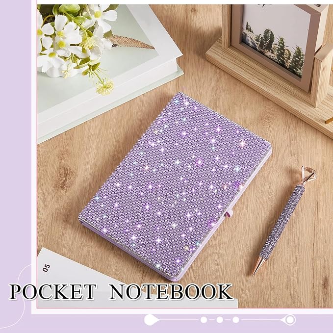 Resholder Rhinestone Pen & Glitter Notebook Set, Hard Cover Bling Diary Journal for Girls, Cute School Supplies for Back to School, Sparkly Desk Accessories Gift for Women(Pearl,A6,Purple)
