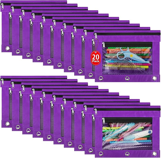 IKAYAS 20 Pack Purple Pencil Pouch for 3 Ring Binder bulk Binder Pencil Pouch with Zipper, Pencil Pouch Bags for Classroom bulk Pencil Box Pencil Case for Storing School Students Teacher Supplies