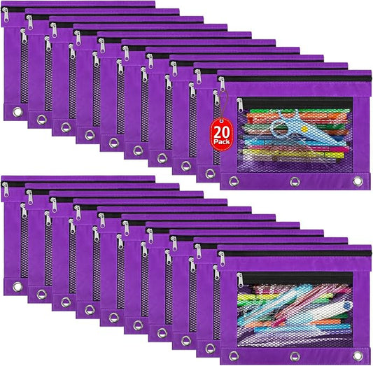IKAYAS 20 Pack Purple Pencil Pouch for 3 Ring Binder bulk Binder Pencil Pouch with Zipper, Pencil Pouch Bags for Classroom bulk Pencil Box Pencil Case for Storing School Students Teacher Supplies
