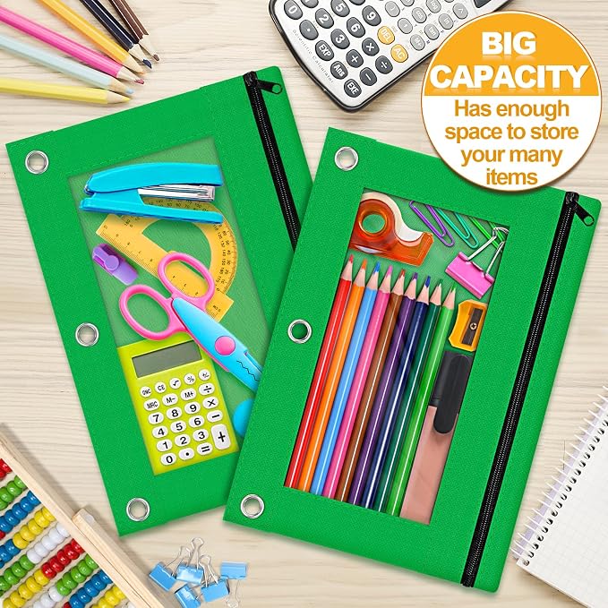 Pencil Pouch for 3 Ring Binder, 2 Pack Pencil Bags with Zipper, Green Pencil Case for Classroom School Office Supplies, Large Sturdy and Durable Cloth Pencil Pocket for 3 Holder Binder