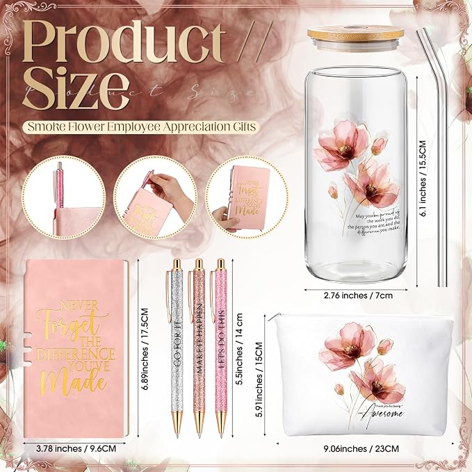 Funnymoom 6 Pcs Appreciation Gifts Set for Women Back to School Teacher Gifts Employee Thank You Gift with 17 oz Glass Tumbler Journal Pens and Pouch for Coworkers Educators,Floral,Pink