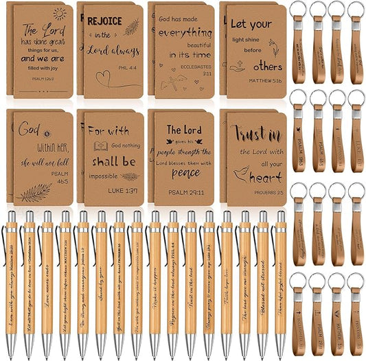 PerKoop 48 Pcs Christian Party Favors 3 x 5 Inch Religious Notepads Pens Bible Verse Keychains Bulk Jesus Loves You Gifts for Church Sunday School Office Supplies