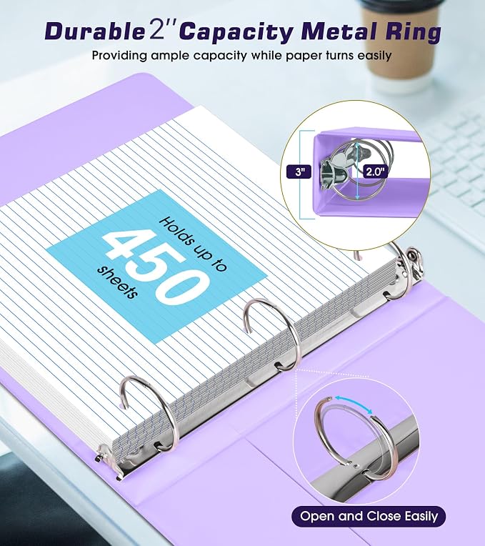 3 Ring Binder 2 inch，Cute Binder Organizer with 5 Tab Dividers Fits 175 Sheets of 8.5x11 Paper, Customizable Clear Cover with Inside Pockets, Aesthetic 2" Three Ring Binders for School Office，Purple