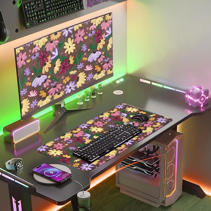 Pastel Floral Desk Mat - Retro CottagecoreBlooming Colorful Flowers Large Mouse Pad for Women Girls, Non-Slip XL Gaming Pad for Vibrant Study Office Cubicle Decor 31.5x15.7in