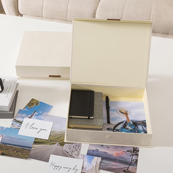 Soul & Lane - Letter Keepsake Storage Box, Magnetic Lid, Set of 2, Beige | Decorative Photo and Document Organizer, Memory Case for Pictures, Cards and Albums, Elegant Home Office Storage Holder