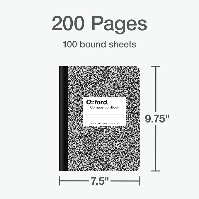 Oxford Composition Notebooks, 9-3/4 x 7-1/2 Inch School Journals, Wide Ruled Paper, Black Marble Covers, 100 Sheets per Book, (1002516), (Pack of 24)