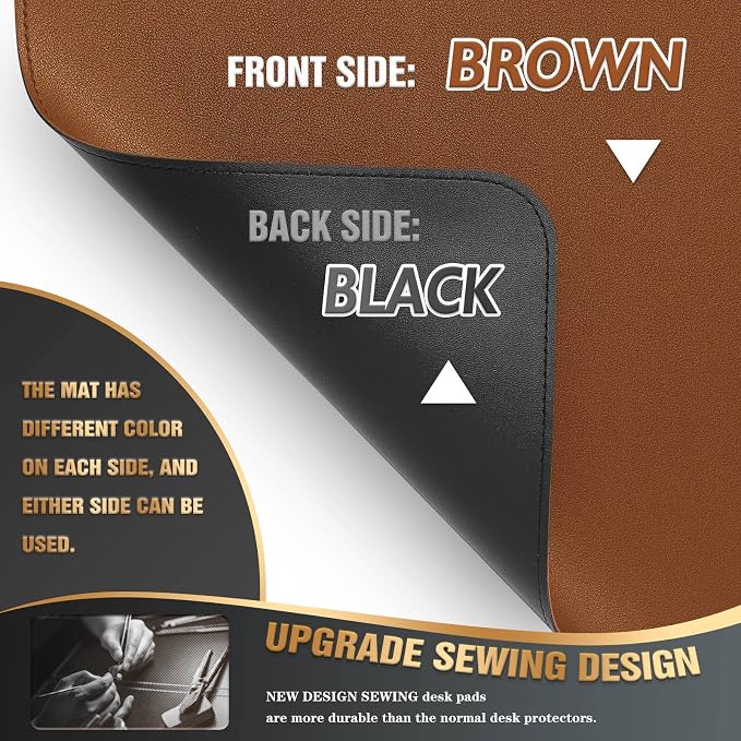 K KNODEL Large Sewing Leather Desk Mat, Desk Pad (Brown, 31.5"x 15.7") | Mouse and Keyboard Pad, PVC Computer and Laptop Mat, Desktop Protector and Cover, Writing Pad and Blotter for Home Office