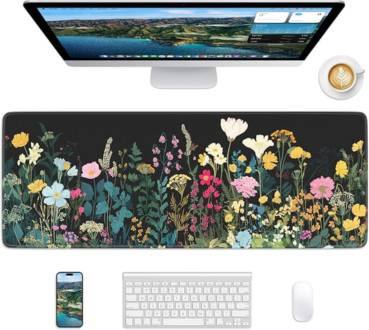Floral Mouse Pad, 31.5 x 11.8 Large Desk Mat with Stitched Edges & Non-Slip Base, Mousepad for Office, Home, Work, Night Flowers