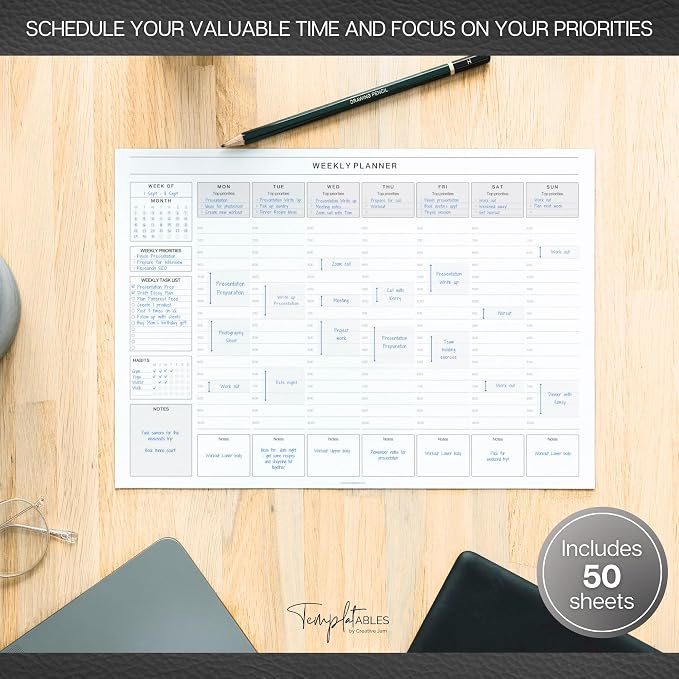 Weekly Hourly Planner Notepad, Daily Planner Desk Pad, Weekly Schedule, To Do List Note Pad, ADHD Planner | 50 Undated Tear Away Sheets | A4 (Mono)