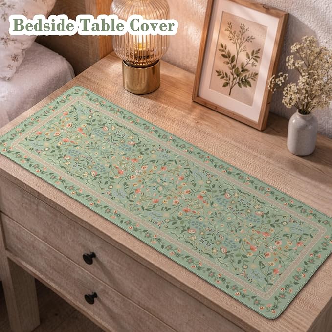iCasso Aesthetic Floral Desk Mat, L Mouse Pads, Anti-Slip Mousepad with Stitched Edges, Waterproof Computer Pad 11.8"x31.5", Desk Accessories Office Decor for Women(Light Green)