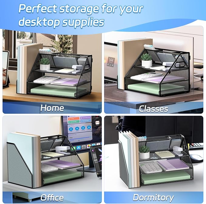 Docnest 3 Tier Desk Organizer with File Holder & Pen Holder, Black | Features 3 built-in pen holders with removable dividers. Space-saving mesh storage for office mail, files & stationery