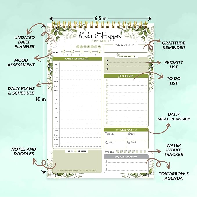 Decorably 52 Sheets Forest Green Undated Daily To Do list - 6.5x10in Spring-Bound, Easy Tear-Off, Planner Pad, Schedule, Priorities, Agenda, Water Intake, Meals, Notes and Doodles - Home, Office