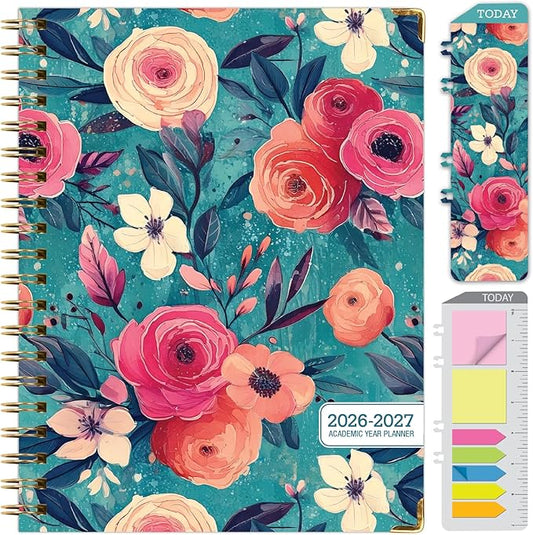 HARDCOVER Academic Year 2026-2027 Planner: 14 Months (May 2026 Through June 2027) 8.5"x 11" Daily Weekly Monthly Planner Yearly Agenda. Bookmark, Pocket Folder and Sticky Note Set (Teal Floral)