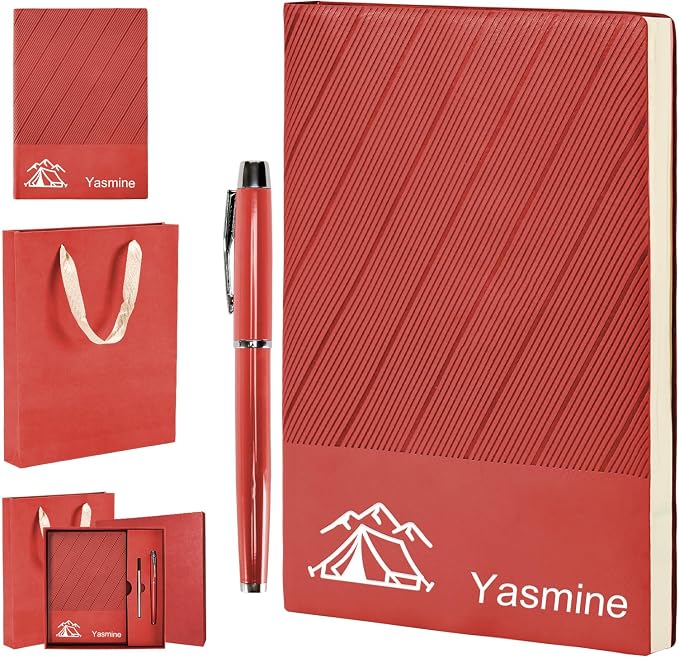 ENOMY Personalized Notebook Set with Pen & Gift Box A5 Leather Custom Notebook 200 Pages Lined Journal for Work,Business,College,Travel,Birthday,Valentine's Day Gift, Red