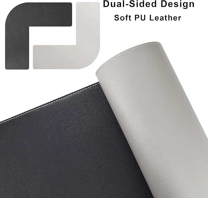 Chihein 53.2” x 65” x 19.7” L Shaped Leather Desk Mat - Big Gaming Corner Desk Pad, Non-Slip Waterproof Surface, Easy to Clean, Perfect for Office, Home (Black/Gray)