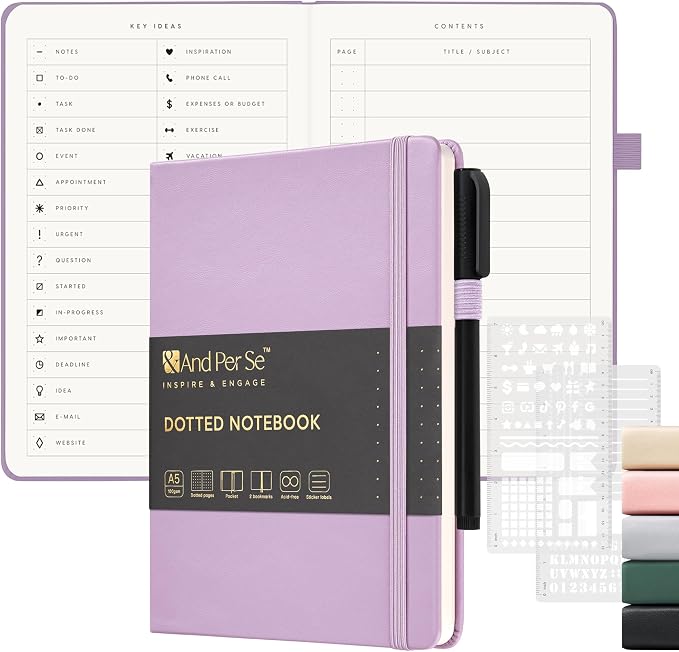 &And Per Se Dotted Notebook, A5 Hardcover with Journal Dotted Pages, Journal Stencils & Pen, 176 Numbered Pages for Beginners Women Men (Purple)